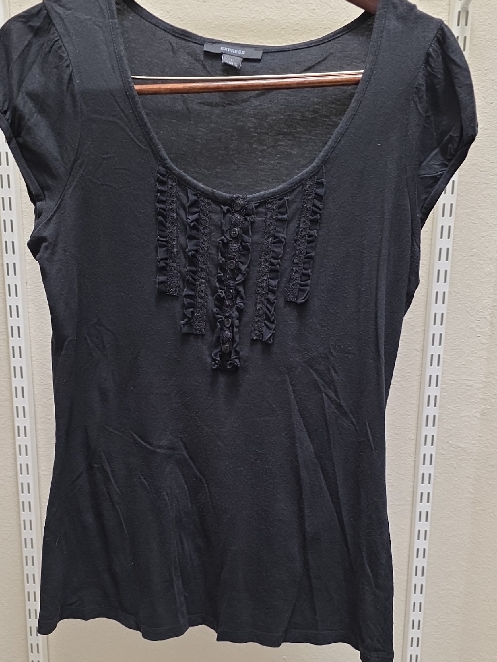 Express Black Scoop Neck Cap Sleeve Top with Ruffle Detail